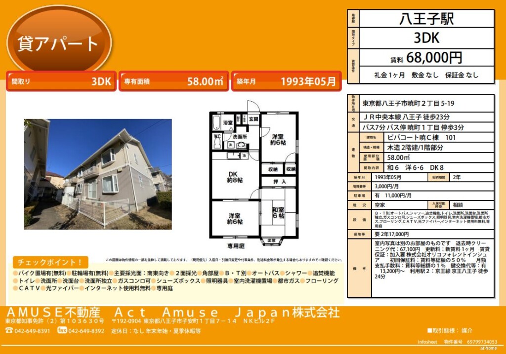 八王子不動産　賃貸　アパート
物件　暁町　和室　庭　3DK